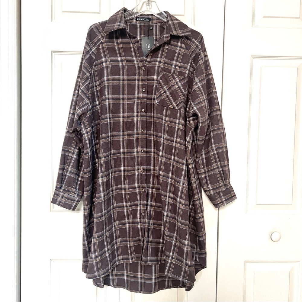 SHEIN Plaid Long Sleeve Dress - Brown and White